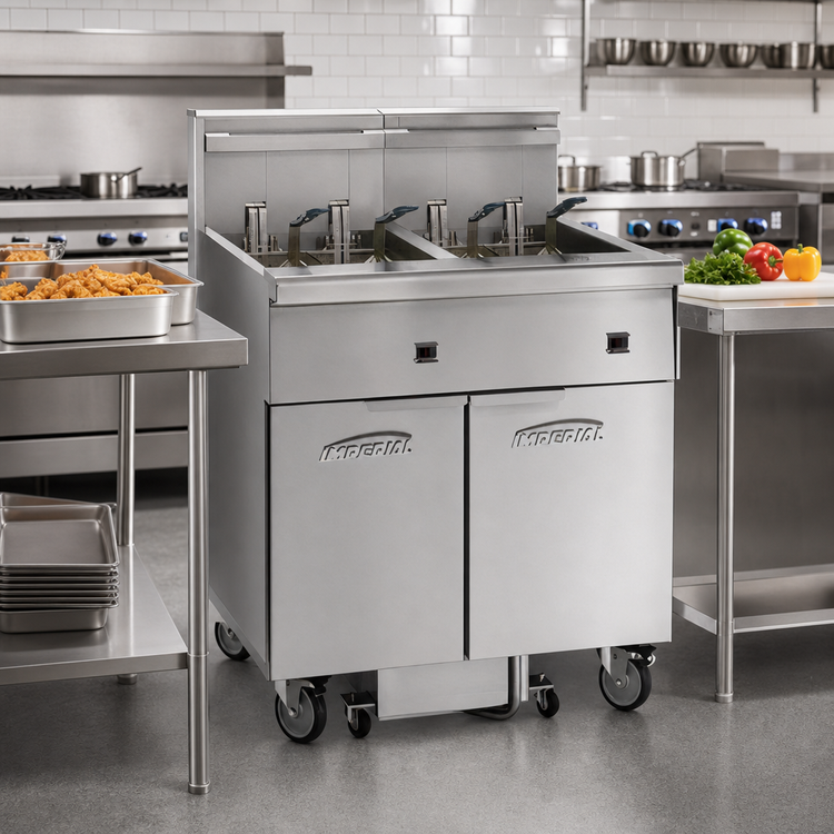 Product image #2 for Imperial IFSSP350E Triple-Tank Electric Floor Fryer with Built-In Space Saver Filter System, 50 lb. Tanks