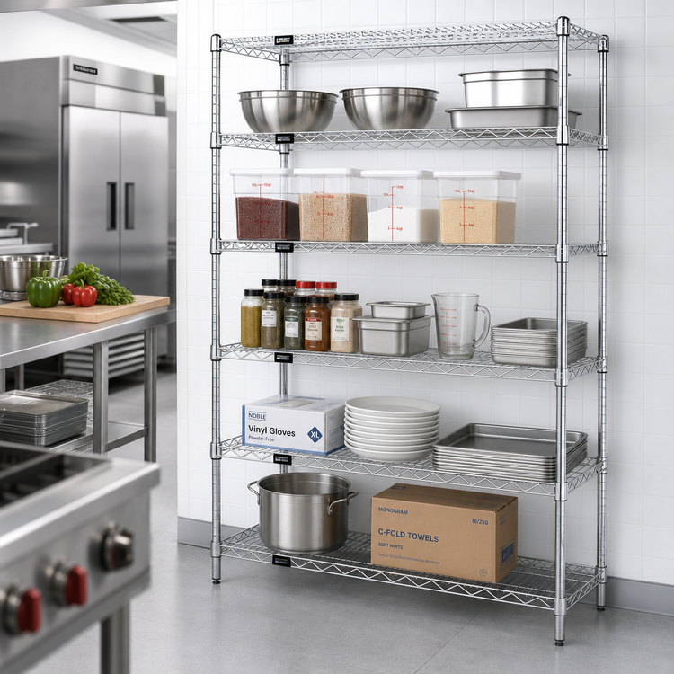 Product image #2 for Quantum 5-Shelf Stationary Wire Shelving Starter Kit, 60"W x 21"D x 86"H, 304 Stainless Steel