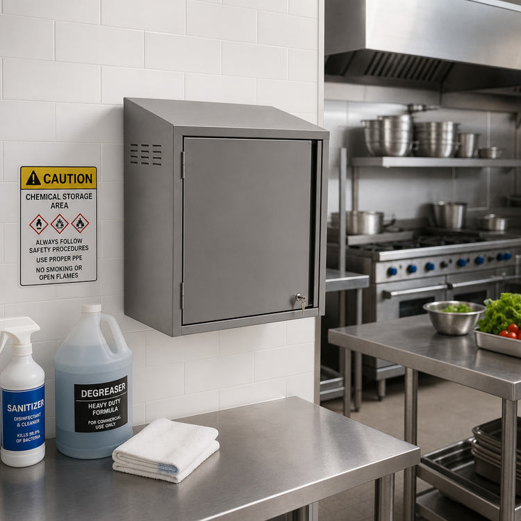 Product image #2 for Eagle Group Wall-Mounted Stainless Steel Chemical Storage Cabinet with Right-Hinged Locking Door, 24 x 15 x 28 Inches