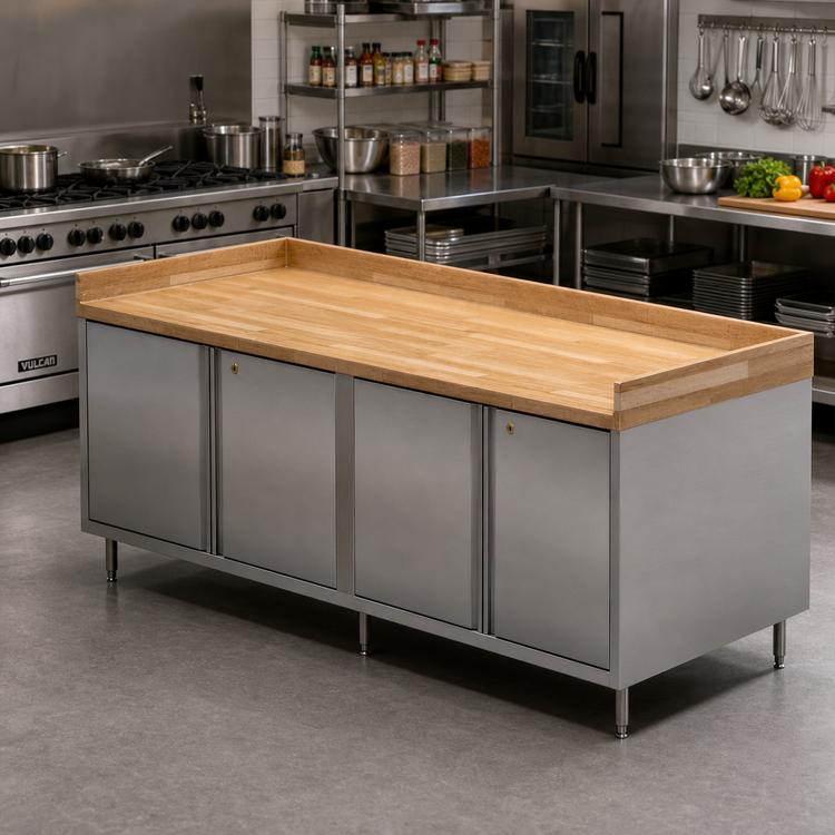 Product image #2 for BK Resources 96-Inch Wood Top Chef Table with Hard Maple Bakers Top, Cabinet Base, Hinged Doors, and Locks