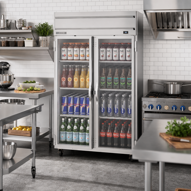 Product image #2 for Beverage Air Horizon Series Two-Section Glass Door Reach-In Refrigerator, 52-Inch Wide, Top-Mounted Self-Contained, 46.88 Cu. Ft.