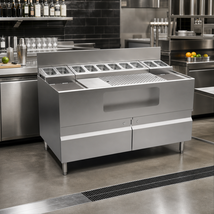 Product image #2 for Krowne Alchemy Series The Forty-Eight Lab 48-Inch Bar Ice Bin and Mise-En-Place Station with Cabinet Base