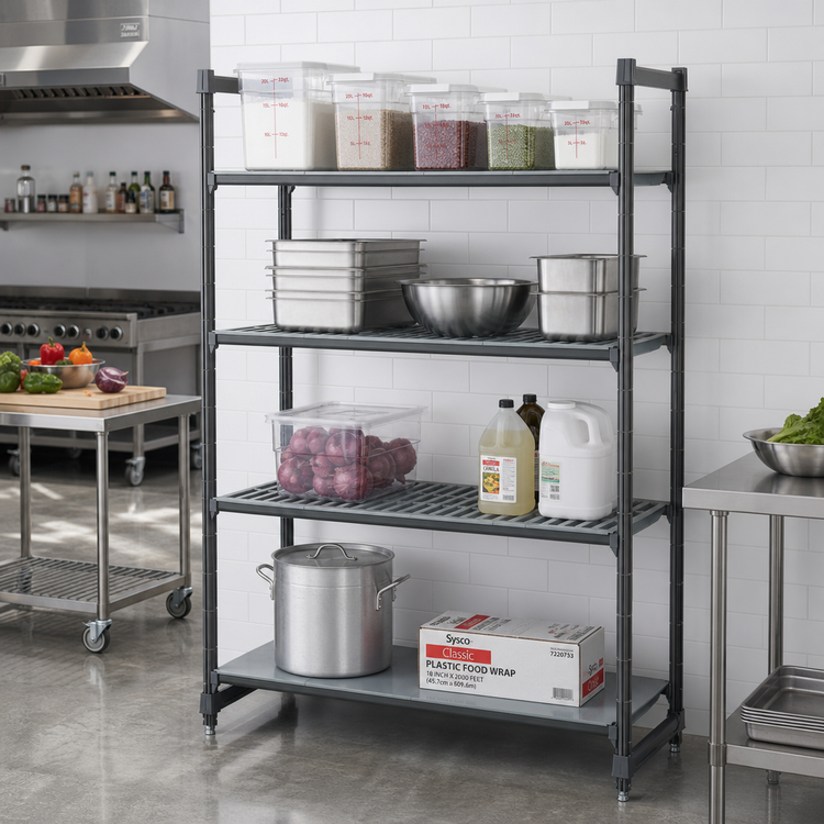 Product image #2 for Cambro Camshelving Basics Plus 4-Tier Stationary Shelving Starter Unit, 21" x 60" x 72", 3 Vented + 1 Solid, Brushed Graphite
