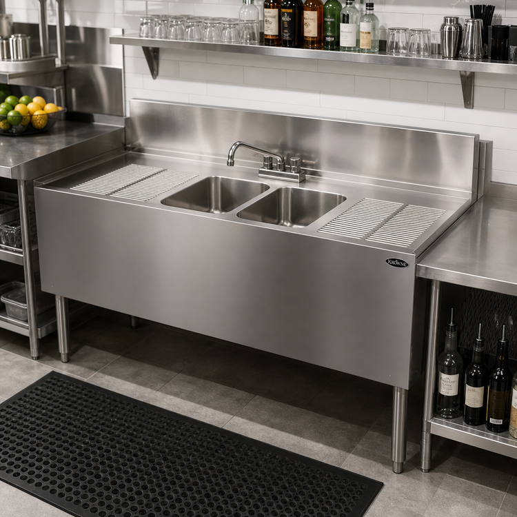 Product image #2 for Krowne Royal Series Two-Compartment Underbar Sink Unit with Dual Drainboards and Deck-Mount Faucet, 48 x 24 Inches