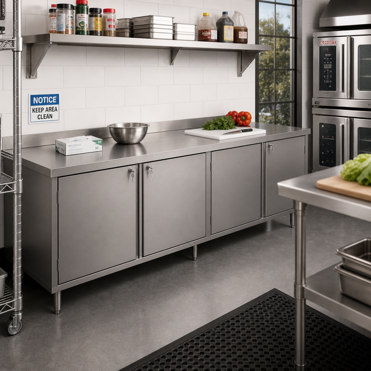 Product image #2 for BK Resources Dual-Access Stainless Steel Chef Table Cabinet Base with Locking Hinged Doors, 120 x 30 Inches
