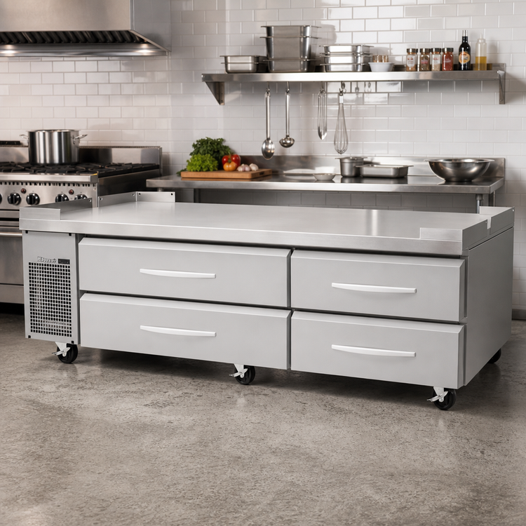 Product image #2 for Turbo Air PRO Series Two-Section 4-Drawer Freezer Chef Base with Stainless Steel Flat Top, 96 1/8 Inch