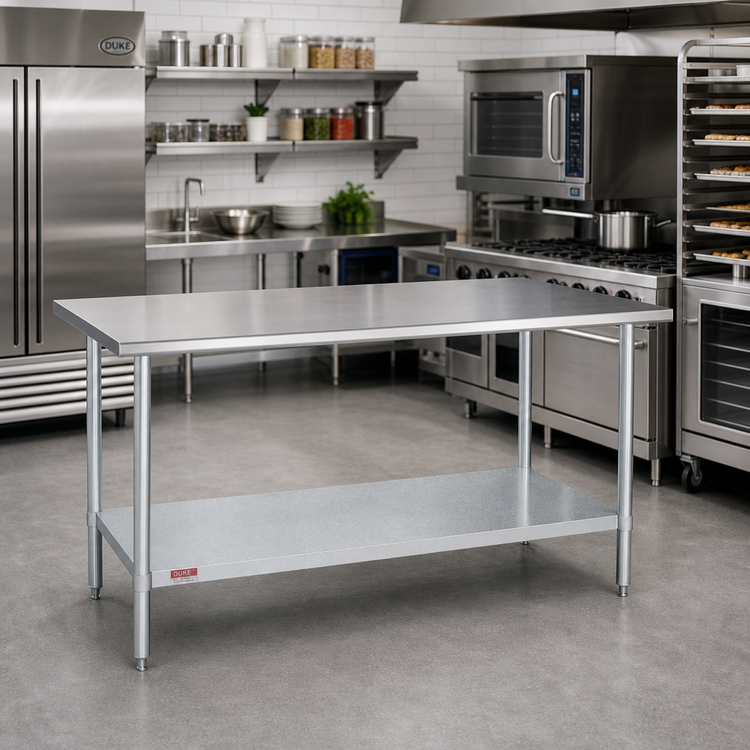 Product image #2 for Duke 60" x 36" 14-Gauge 300 Series Stainless Steel Work Table with Galvanized Undershelf