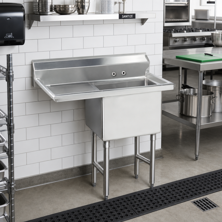 Product image #2 for Advance Tabco 1-Compartment Fabricated Sink with Left Drainboard, 18 x 24 x 14 Bowl, 304 Stainless Steel