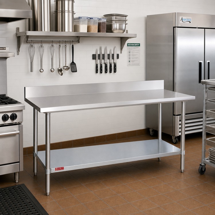 Product image #2 for Duke 72-Inch x 30-Inch 14-Gauge 300 Series Stainless Steel Work Table with 5-Inch Riser and Galvanized Undershelf