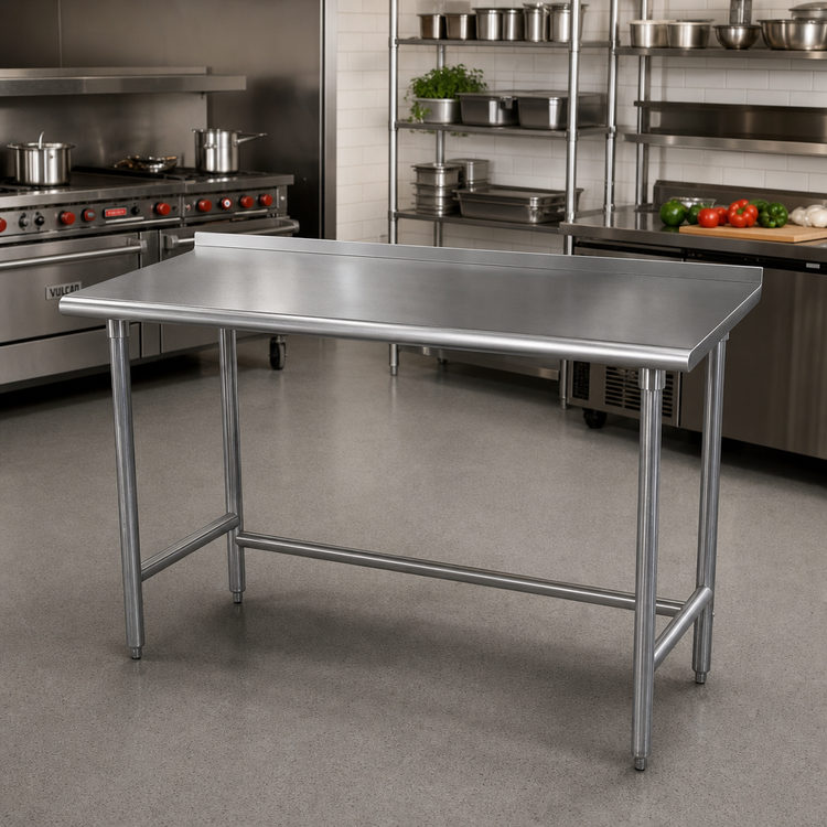 Product image #2 for Advance Tabco Premium Series 84"W x 30"D Open Base Work Table with 14 Gauge 304 Stainless Steel Top, 1-1/2" Rear Up-Turn, and Galvanized Legs