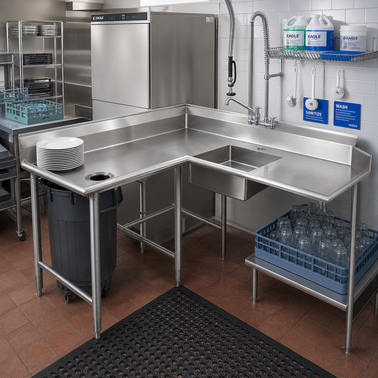 Product image #2 for Eagle Group 72-Inch Left-to-Right Corner Soiled Dishtable with 20 x 20 x 5 Sink, 16-Gauge 304 Stainless Steel