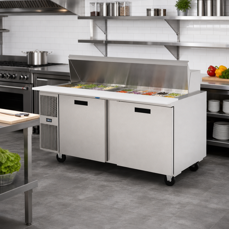 Product image #2 for Two-Section Refrigerated Salad Prep Table, 72 Inch, 30-Pan Mega Top, Side-Mounted Self-Contained Refrigeration