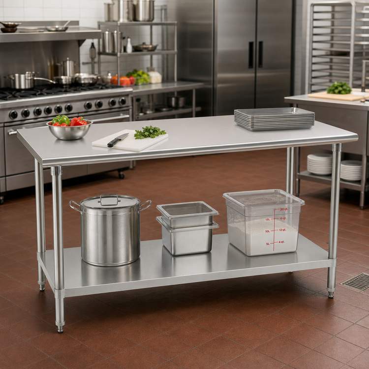 Product image #2 for Advance Tabco 108-Inch x 24-Inch 14-Gauge 304 Stainless Steel Flat Top Work Table with Adjustable Galvanized Undershelf