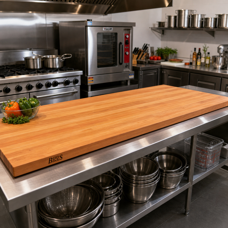 Product image #2 for John Boos Boos Block American Cherry Edge Grain Kitchen Countertop with Full-Length Rails, 96 x 30 x 1-1/2 Inches, Penetrating Oil Finish