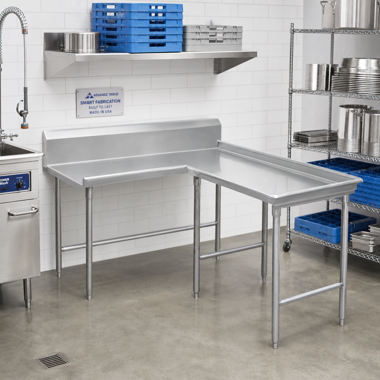 Product image #2 for Advance Tabco Island-Clean L-Shaped Right-Hand Dish Table, 47 Inch, 14-Gauge 304 Stainless Steel