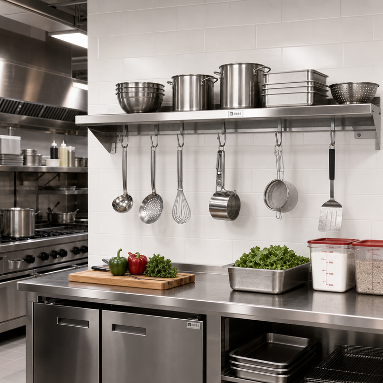 Product image #2 for John Boos Stallion 108-Inch Wall-Mount Stainless Steel Pot Rack Shelf with 9 Hooks, 14-Gauge