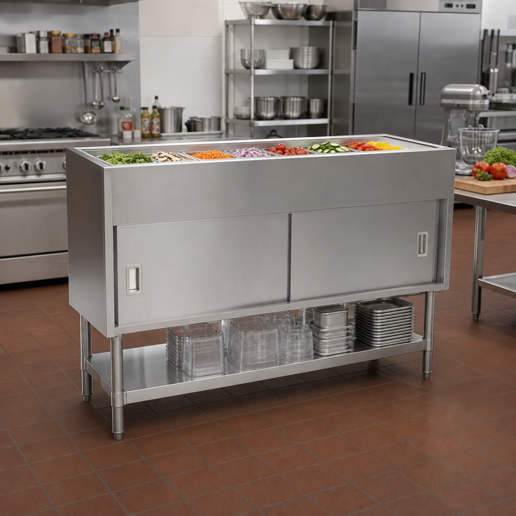 Product image #2 for Eagle Group Spec-Master 4-Pan Stationary Ice-Cooled Cold Food Table with Stainless Steel Top and Open Shelf Base