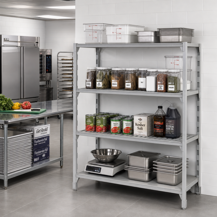 Product image #3 for Cambro Camshelving Premium 21 x 72 x 84 Inch 4-Tier Add-On Polymer Shelving Unit, Vented and Solid, Speckled Gray