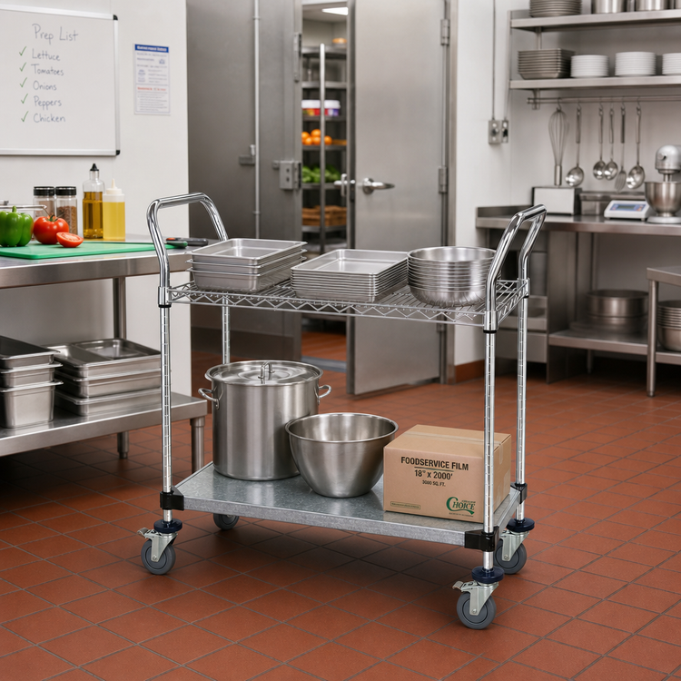 Product image #2 for Quantum 48 Inch x 18 Inch Chrome-Plated 2-Shelf Utility Bus Cart with Wire and Galvanized Shelves