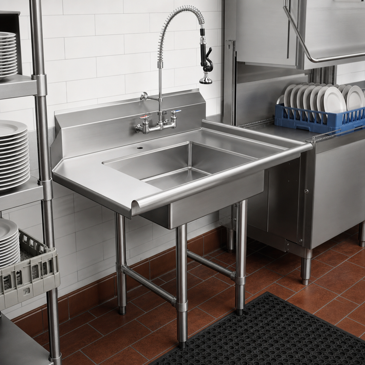 Product image #2 for Klinger's Trading 26" x 30" Left-to-Right Soiled Dishtable with 20" x 20" Pre-Rinse Sink, 9" Backsplash, Stainless Steel Top
