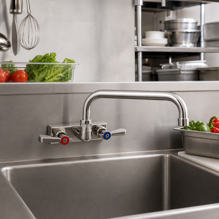 Product image #2 for BK Resources Evolution Splash-Mounted Commercial Faucet with 10-Inch Swing Spout, 4-Inch Centers