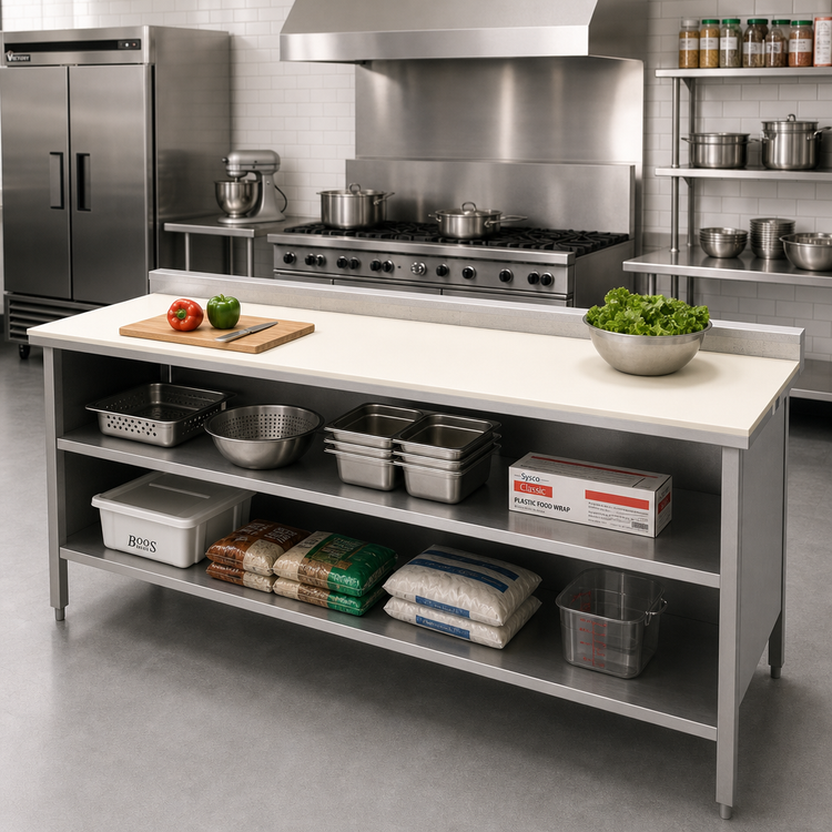 Product image #2 for John Boos 72 x 30 Inch Poly Top Work Table with Open Front Cabinet Base, 3/4 Inch Reversible Poly Surface, 5 Inch Backsplash