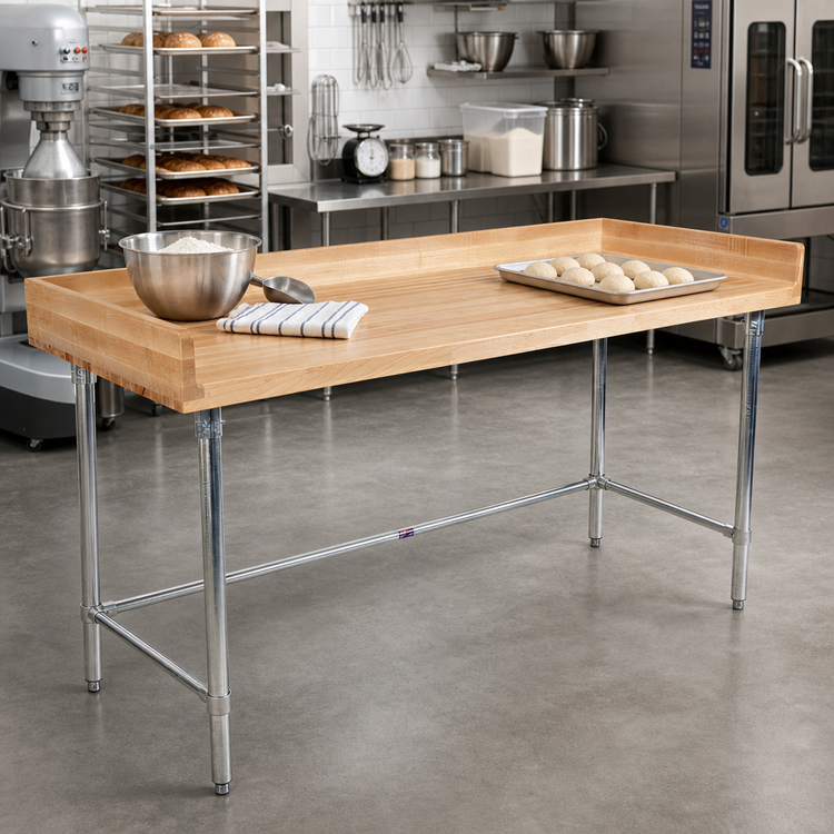 Product image #2 for BK Resources 96-Inch x 30-Inch Hard Maple Bakers Table with Stainless Steel Open Base