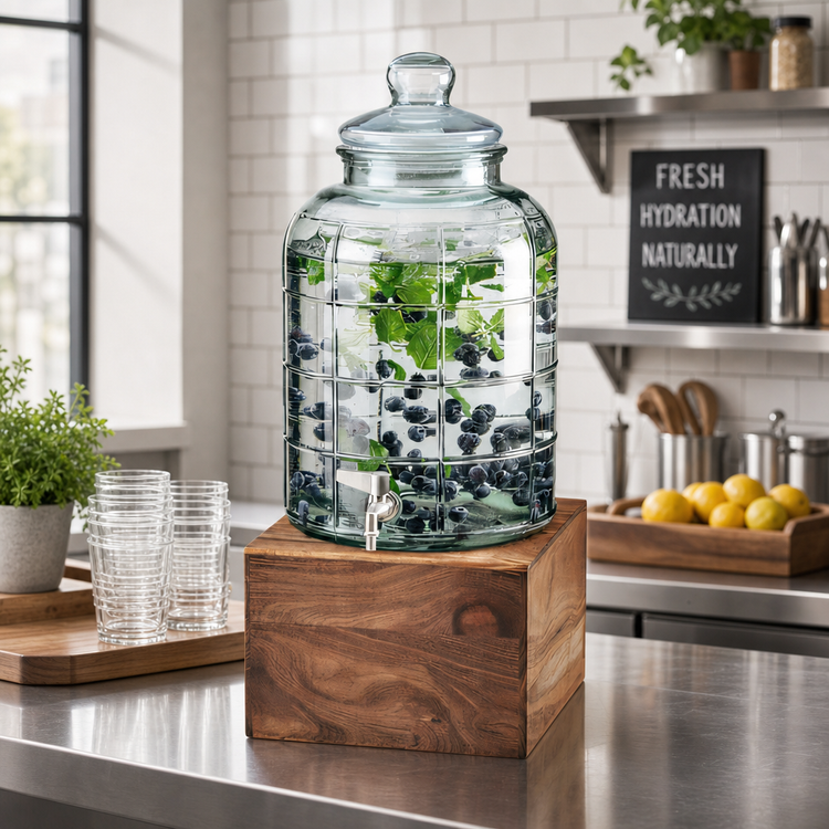 Product image #2 for Mid-Century 2 Gallon Glass Beverage Dispenser with Ice Chamber and Walnut Base