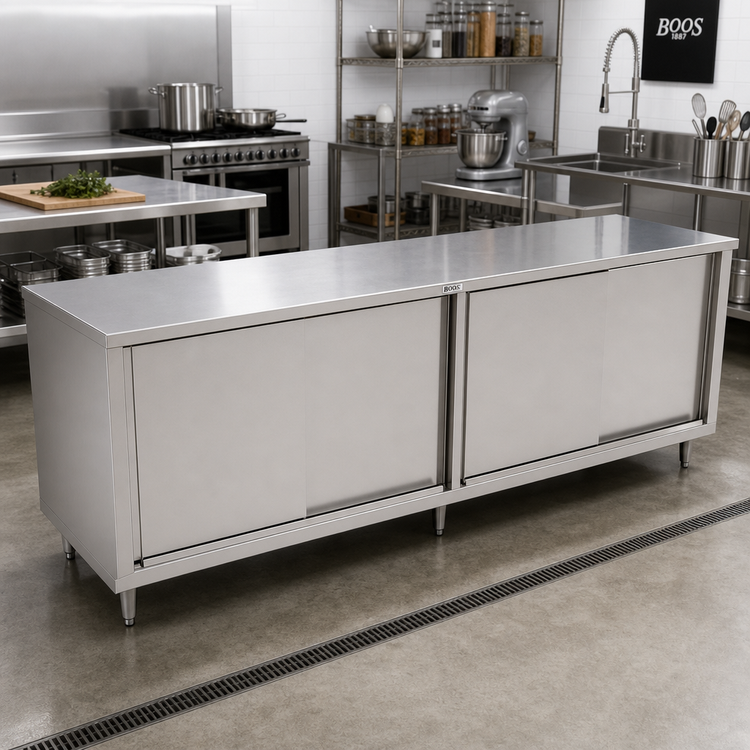 Product image #2 for John Boos 96-Inch x 30-Inch Stainless Steel Enclosed Work Table with Cabinet Base and Sliding Doors