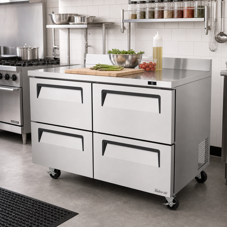 Product image #2 for Turbo Air Super Deluxe 48-Inch Two-Section Worktop Refrigerator with 4 Drawers and Self-Cleaning Condenser