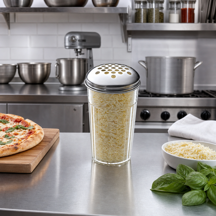 Product image #2 for 12 oz. Clear SAN Plastic Cheese Shaker with Stainless Steel Extra-Large Hole Top