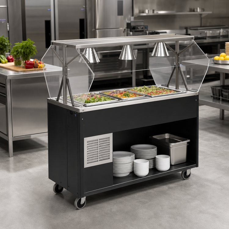 Product image #2 for Vollrath 2-Series Affordable Portable Mobile Refrigerated 3-Pan Cold Food Buffet Station with Lights, Breath Guard, and Open Storage Base