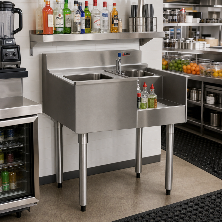 Product image #2 for Eagle Group 2200 Series 24 x 24 Inch Freestanding Underbar Sink/Blender Module with Right Sink Bowl, Left Blender Recess, and Liquid Waste Chute