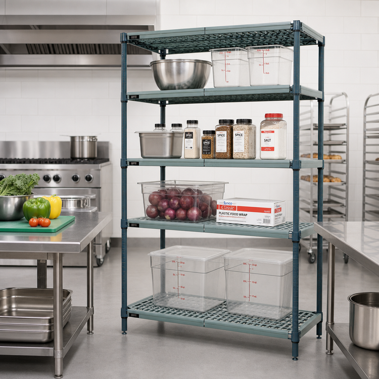 Product image #2 for Quantum 4-Tier Stationary Wire Plastic Mat Shelving Unit, 72 x 24 x 86 Inches, Green Epoxy Antimicrobial