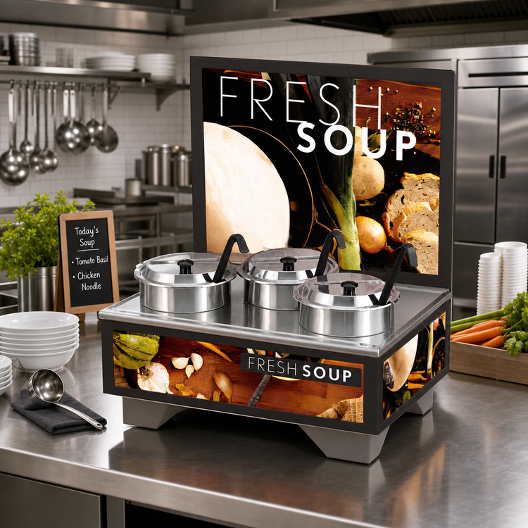 Product image #2 for Vollrath Cayenne Full-Size Electric Rethermalizing Soup Merchandiser Base with Menu Board and 4 Qt Accessory Pack
