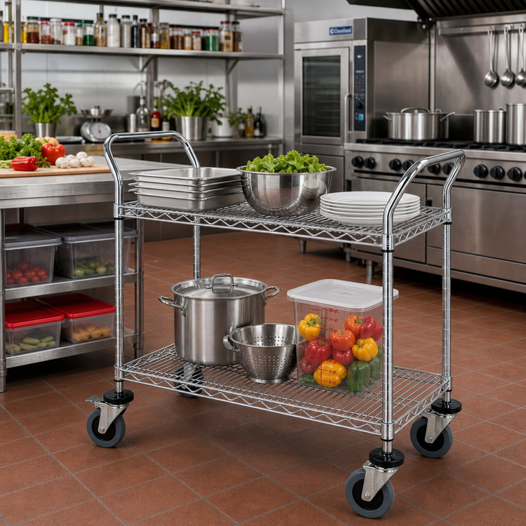 Product image #2 for Quantum Conductive Chrome-Plated Utility Bus Cart with 2 Wire Shelves and 1200 lb Capacity