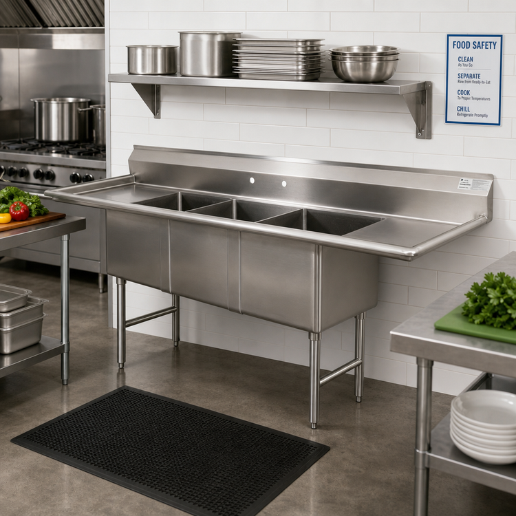 Product image #2 for Advance Tabco 3-Compartment Fabricated Sink with Left and Right Drainboards, 20 x 30 x 14 Inch Bowls