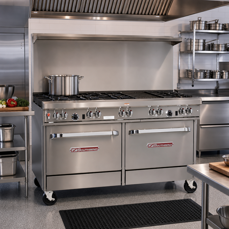 Product image #2 for Southbend Ultimate 60-Inch Gas Restaurant Range with 5 Open Burners, 24-Inch Charbroiler, and 2 Cabinets