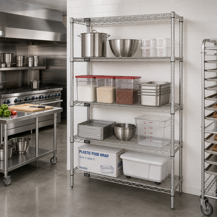 Product image #2 for Quantum Stationary 304 Stainless Steel Wire Shelving Starter Kit, 48"W x 21"D x 74"H, 4 Shelves, 600-800 lb Capacity