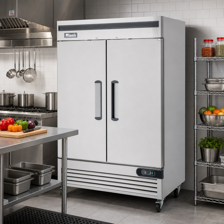 Product image #2 for Migali Competitor Series® Two-Section Reach-In Refrigerator with Solid Hinged Locking Doors, 49 Cu. Ft., Bottom-Mount Self-Contained, Stainless Steel