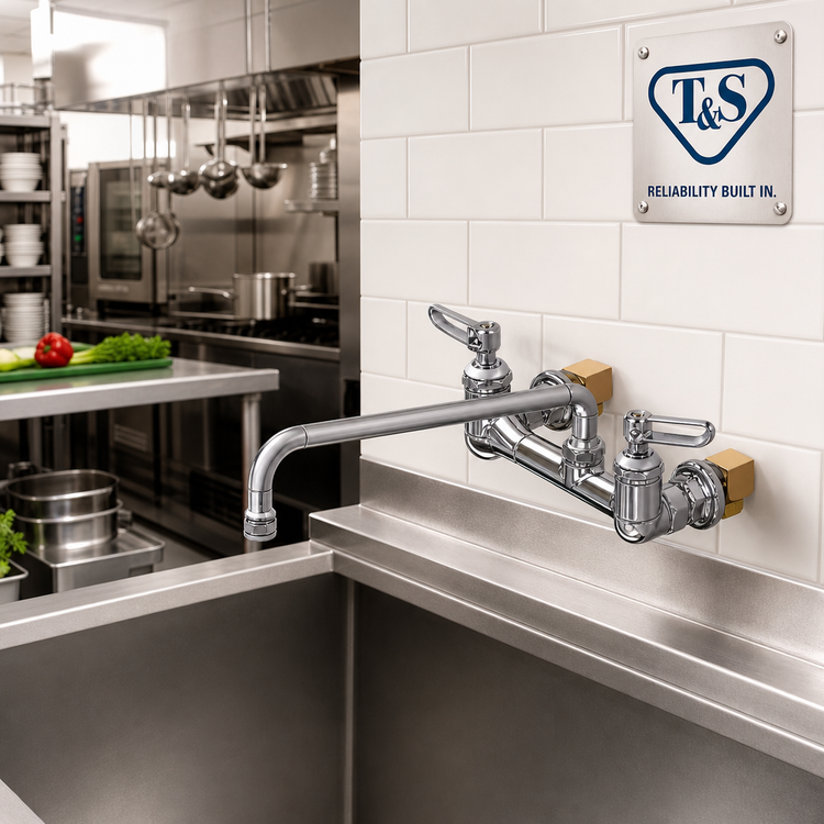 Product image #2 for T&S Brass Double Pantry Faucet with 8-Inch Wall Mount, 12-Inch Swivel Nozzle, and 1.0 GPM Aerator