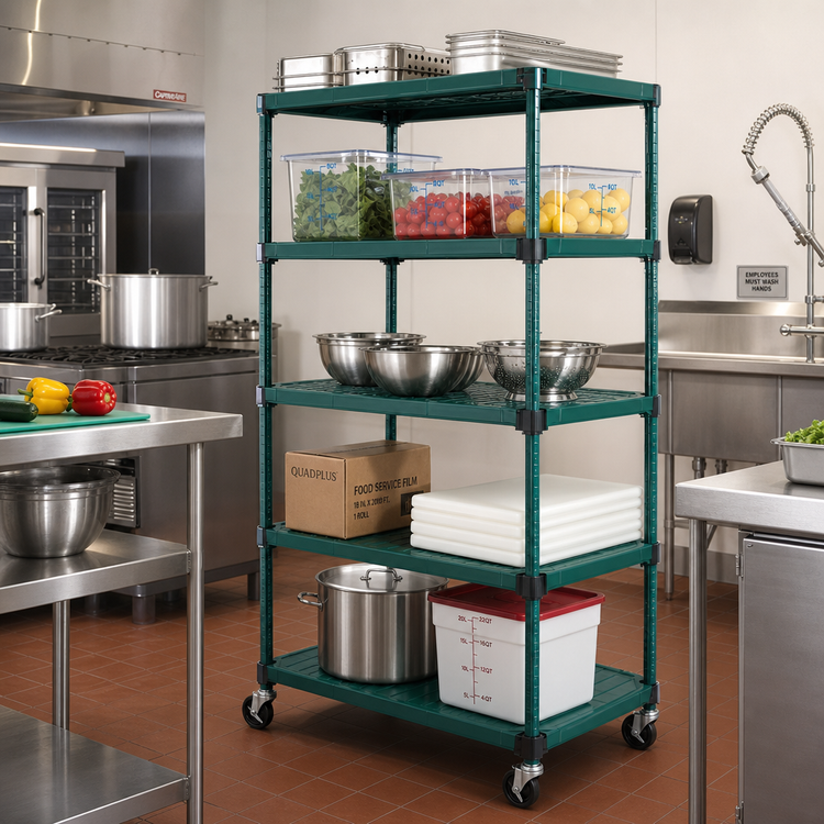 Product image #2 for QuadPLUS 5-Tier Mobile Starter Wire Shelving Unit, 48W x 18D x 74H, Green Epoxy Finish