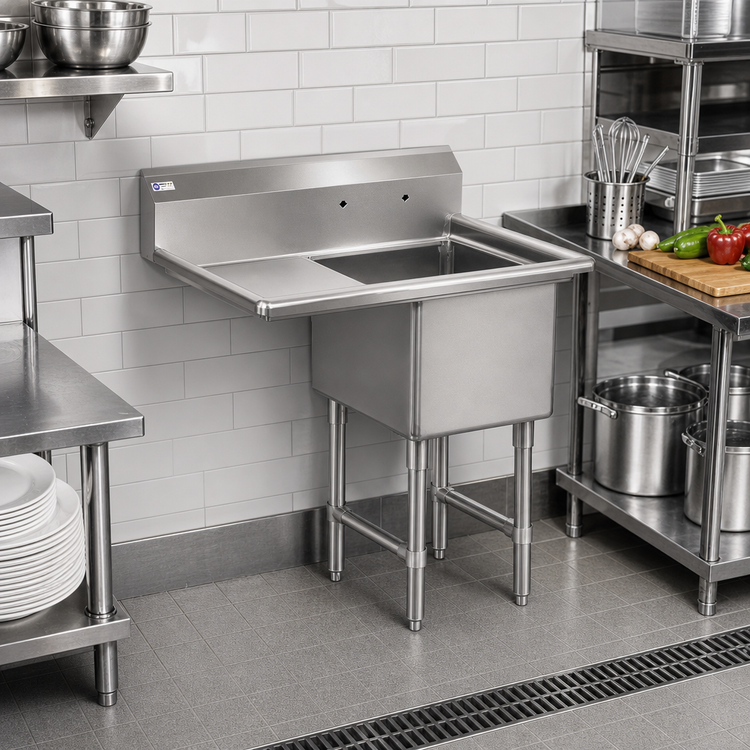 Product image #2 for Steel Works Stainless 1-Compartment Commercial Sink with Left Drainboard, 16 x 20 x 12 Inch Bowl