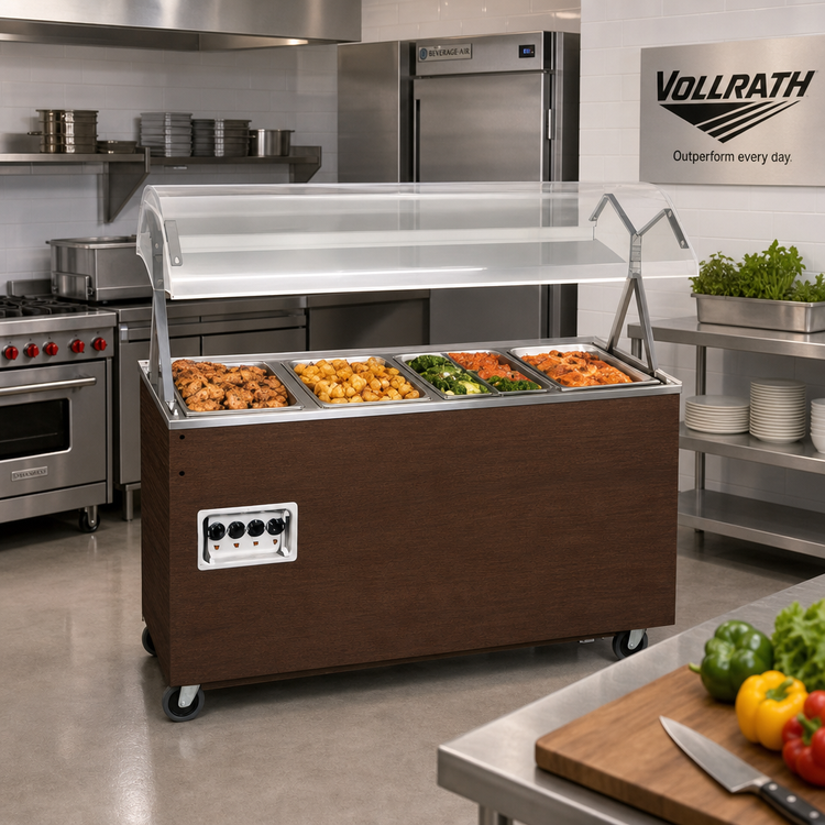 Product image #2 for Vollrath 2-Series Affordable Portable 3-Well Mobile Hot Food Station with Buffet Breath Guard and Lights, Walnut Woodgrain, 120/208-240V