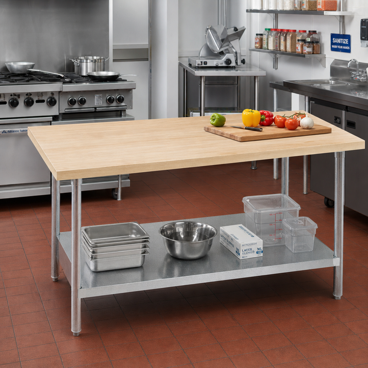 Product image #2 for Advance Tabco 60-Inch x 30-Inch Maple Top Work Table with Adjustable Undershelf, Galvanized Base