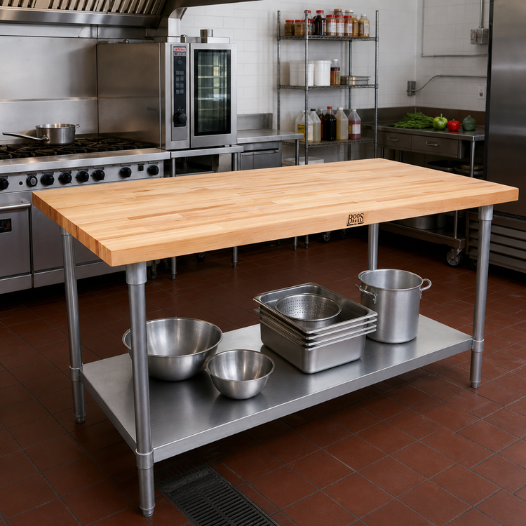 Product image #2 for John Boos JNS13 96-Inch x 30-Inch Edge Grain Hard Rock Maple Wood Top Work Table with Adjustable Undershelf