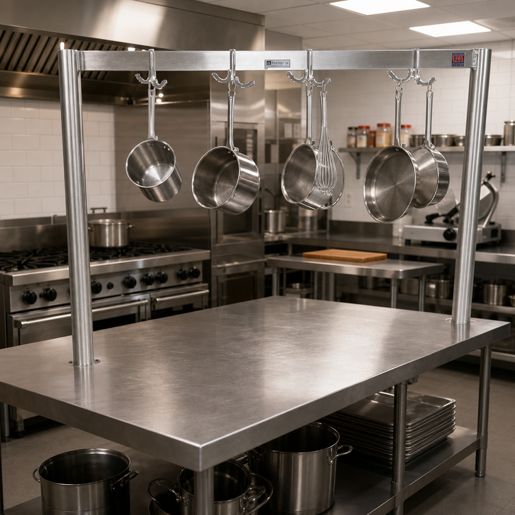 Product image #2 for John Boos 91-1/4-Inch Table-Mounted Single-Bar Stainless Steel Pot Rack with 8 Double Hooks