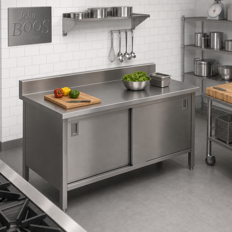 Product image #2 for John Boos Enclosed Work Table with Cabinet Base and Hinged Doors, 96 x 30 Inches, 14-Gauge Stainless Steel Top, 5-Inch Backsplash