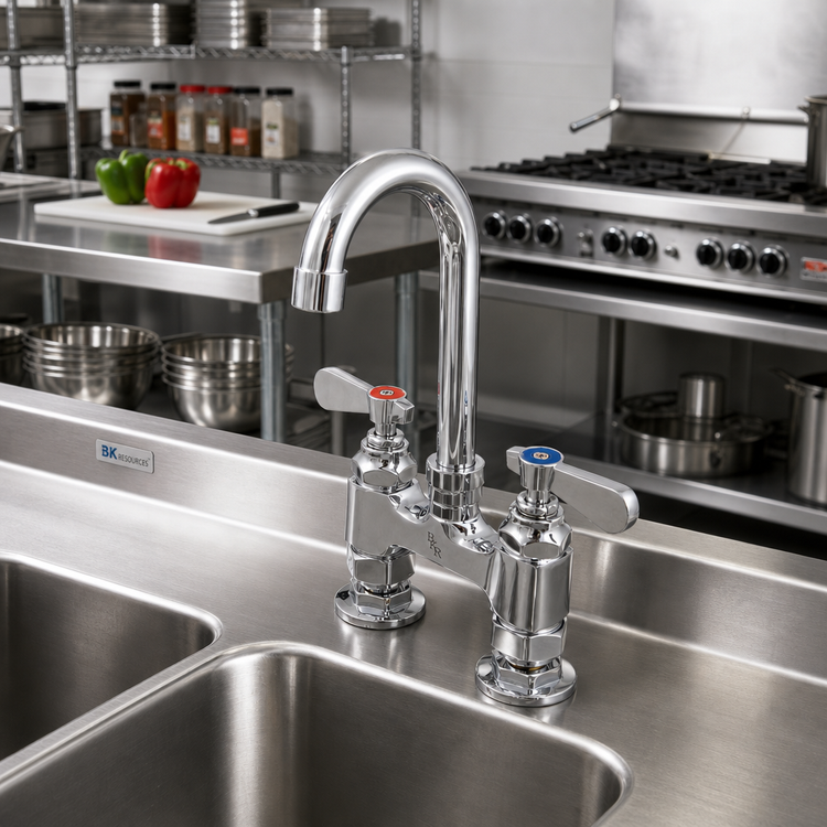 Product image #2 for BK Resources OptiFlow Heavy Duty Lead-Free Manual Deck Mount Faucet with 3-Inch Gooseneck Spout, 4-Inch Centers