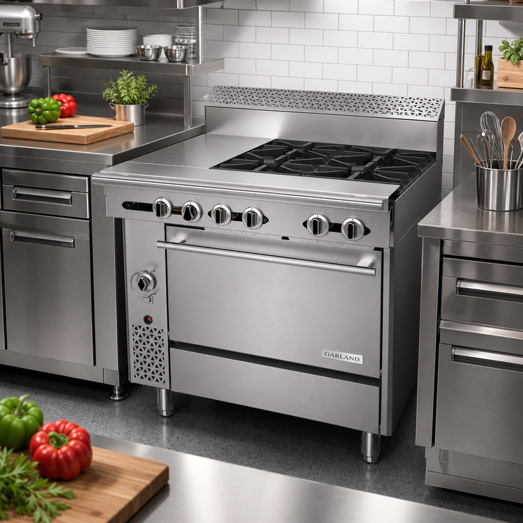 Product image #2 for Garland Cuisine Series 36-Inch Heavy Duty Combination Top Natural Gas Range with 4 Open Burners, 12-Inch Hot Top, and Convection Oven